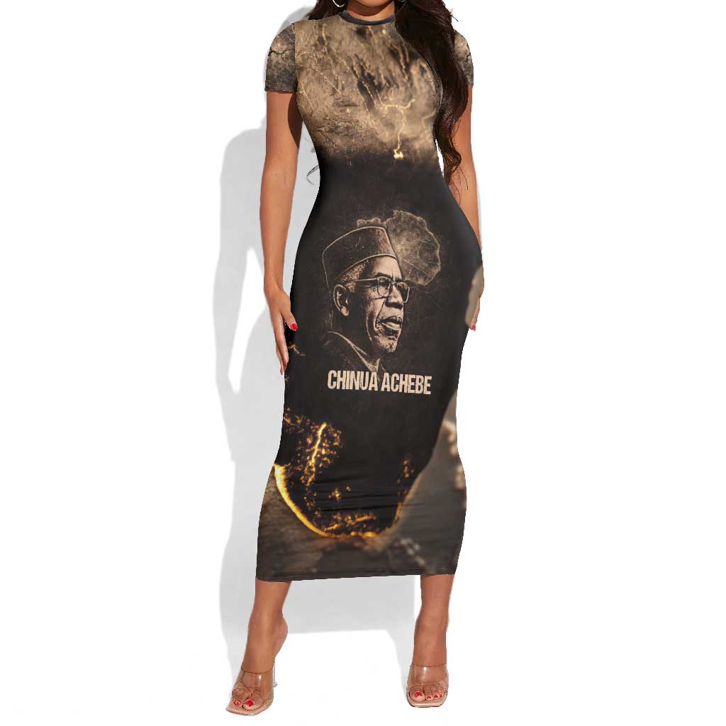 Chinua Achebe Short Sleeve Bodycon Dress with Sepia Portrait, Lion Historians Quote and Vintage African Map - African Pride