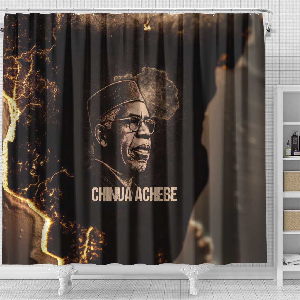 Chinua Achebe Shower Curtain with Sepia Portrait, Lion Historians Quote and Vintage African Map - African Pride