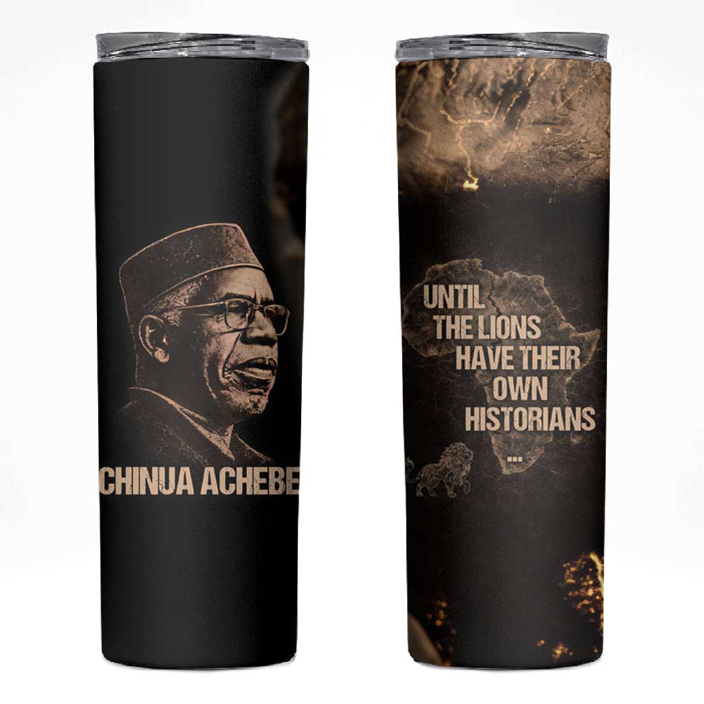 Chinua Achebe Skinny Tumbler with Sepia Portrait, Lion Historians Quote and Vintage African Map - African Pride