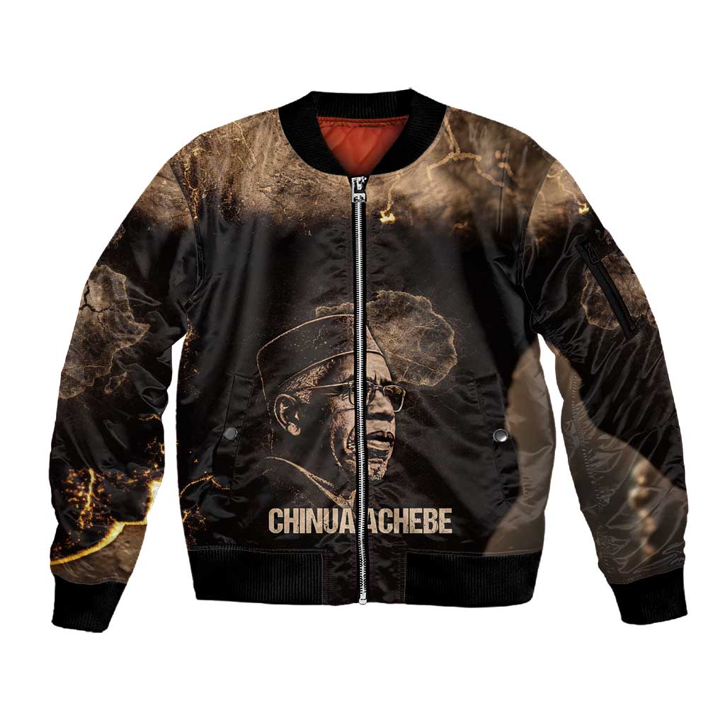 Chinua Achebe Sleeve Zip Bomber Jacket with Sepia Portrait, Lion Historians Quote and Vintage African Map - African Pride