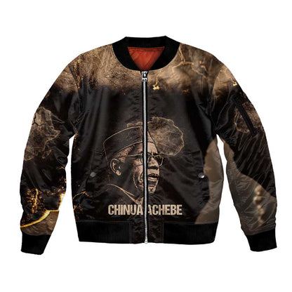 Chinua Achebe Sleeve Zip Bomber Jacket with Sepia Portrait, Lion Historians Quote and Vintage African Map - African Pride