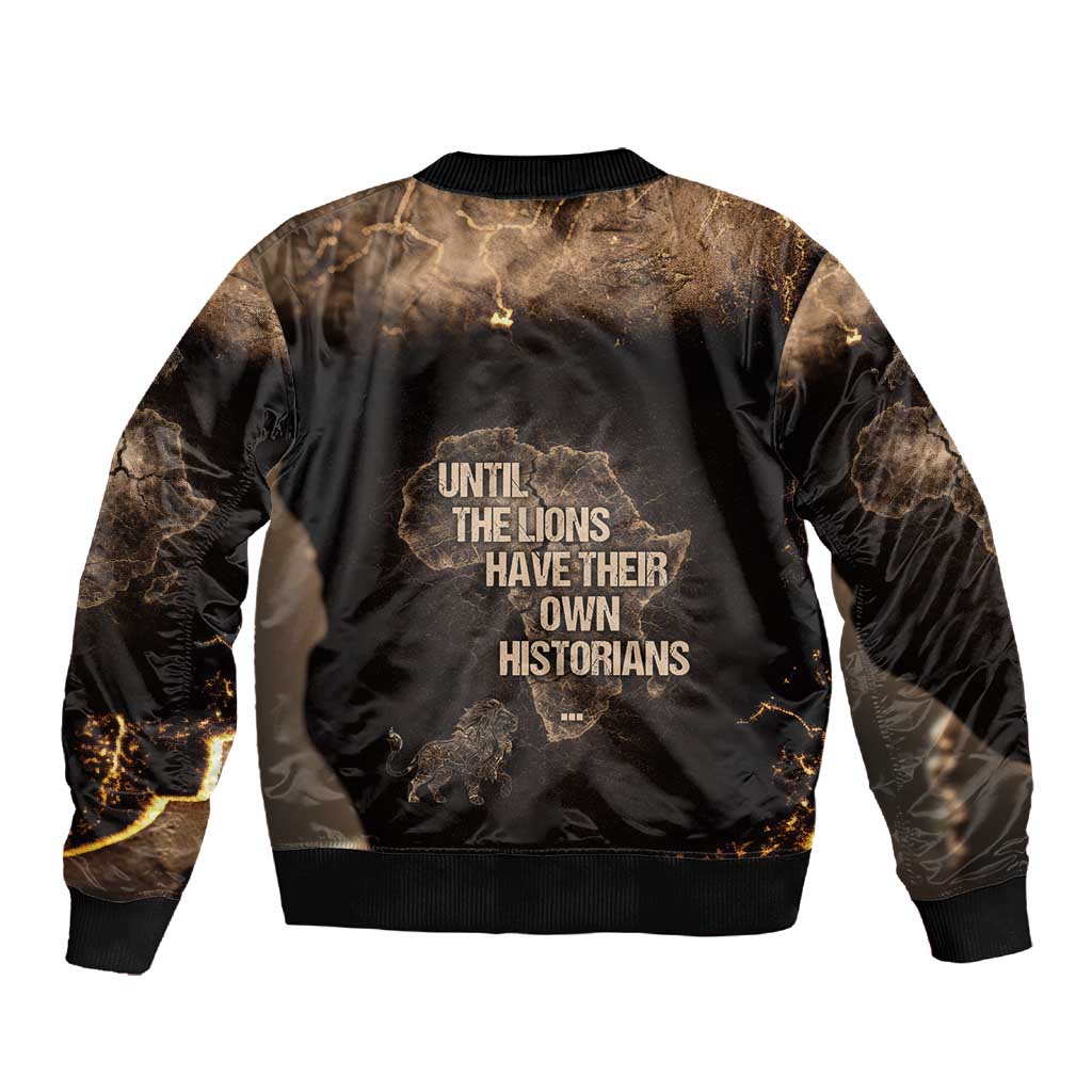 Chinua Achebe Sleeve Zip Bomber Jacket with Sepia Portrait, Lion Historians Quote and Vintage African Map - African Pride