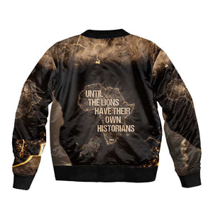Chinua Achebe Sleeve Zip Bomber Jacket with Sepia Portrait, Lion Historians Quote and Vintage African Map - African Pride