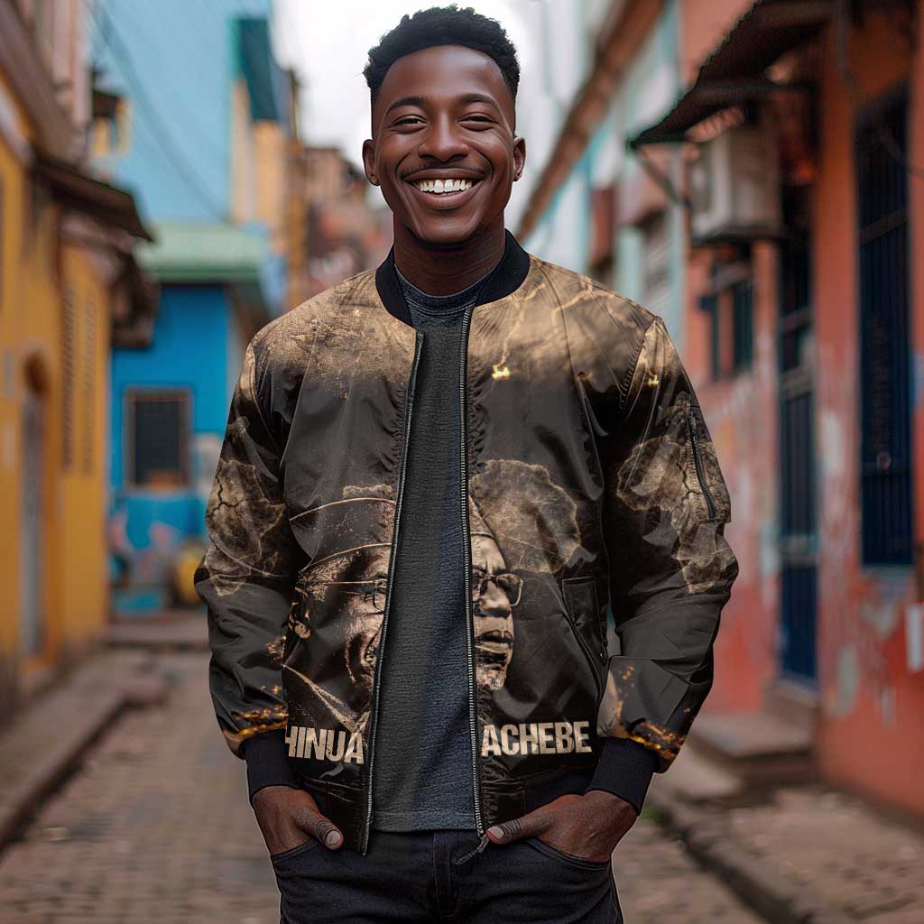 Chinua Achebe Sleeve Zip Bomber Jacket with Sepia Portrait, Lion Historians Quote and Vintage African Map - African Pride