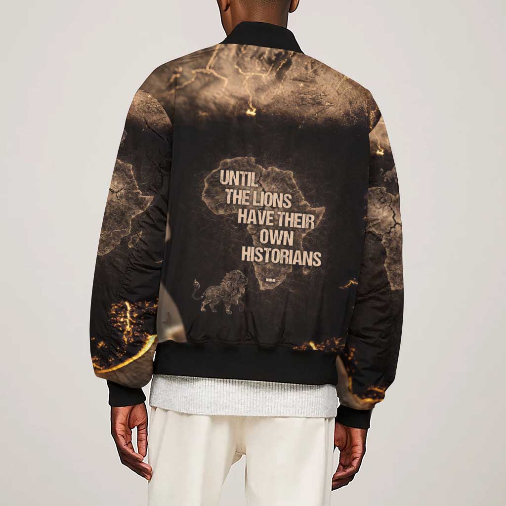 Chinua Achebe Sleeve Zip Bomber Jacket with Sepia Portrait, Lion Historians Quote and Vintage African Map - African Pride