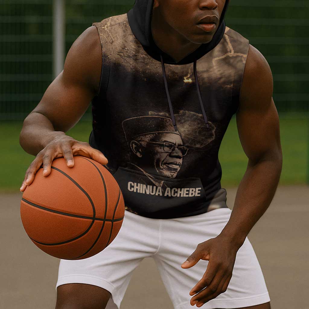 Chinua Achebe Sleeveless Hoodie with Sepia Portrait, Lion Historians Quote and Vintage African Map - African Pride