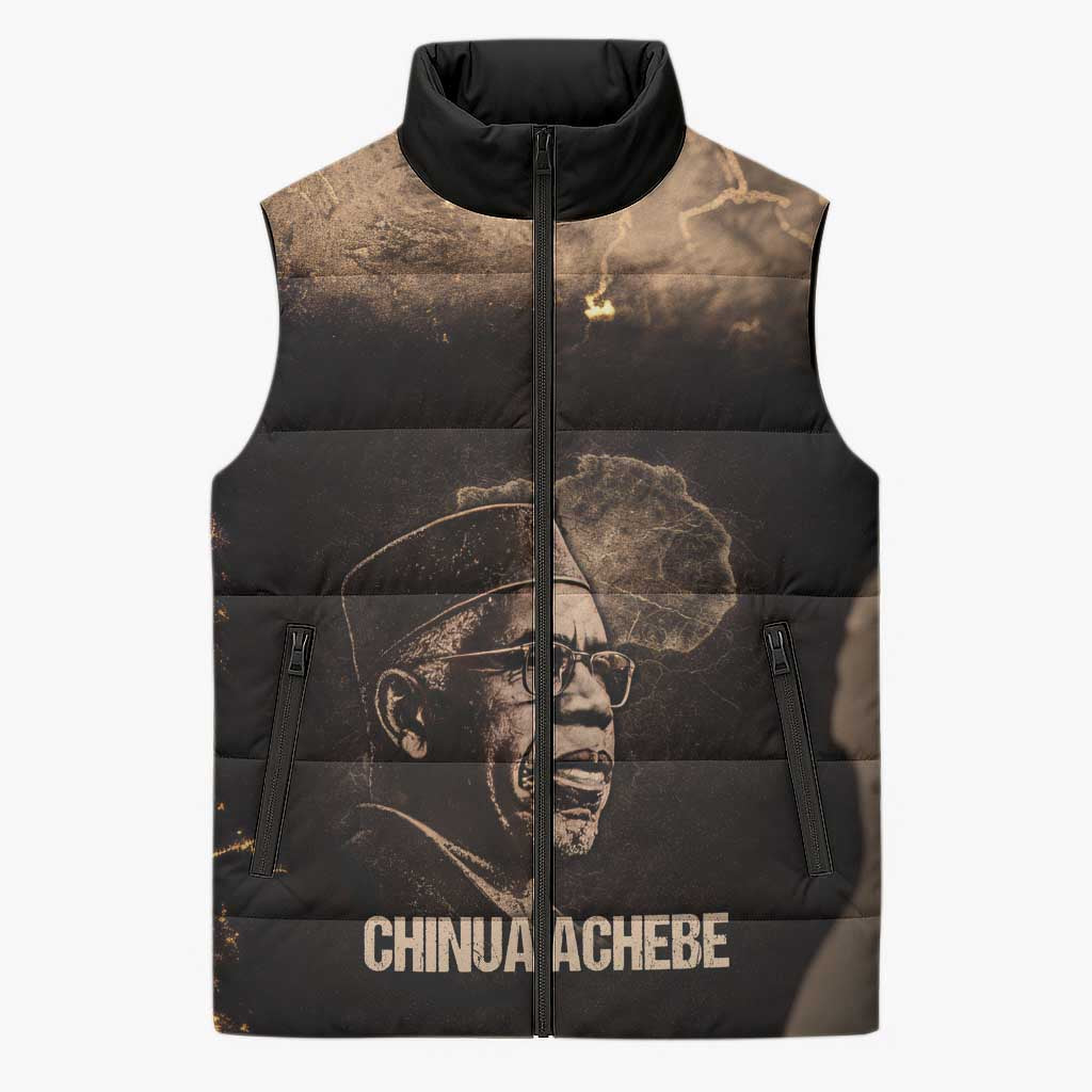 Chinua Achebe Sleeveless Puffer Jacket with Sepia Portrait, Lion Historians Quote and Vintage African Map - African Pride