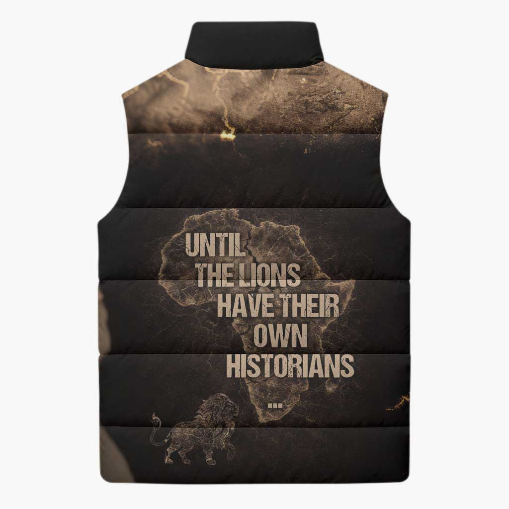 Chinua Achebe Sleeveless Puffer Jacket with Sepia Portrait, Lion Historians Quote and Vintage African Map - African Pride
