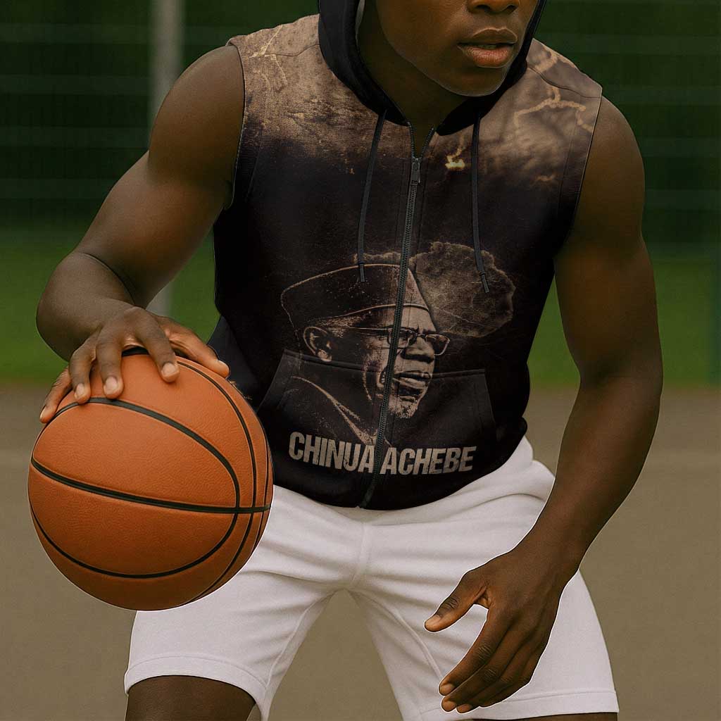 Chinua Achebe Sleeveless Zip Hoodie with Sepia Portrait, Lion Historians Quote and Vintage African Map - African Pride