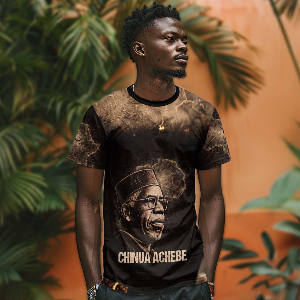 Chinua Achebe T shirt with Sepia Portrait, Lion Historians Quote and Vintage African Map - African Pride