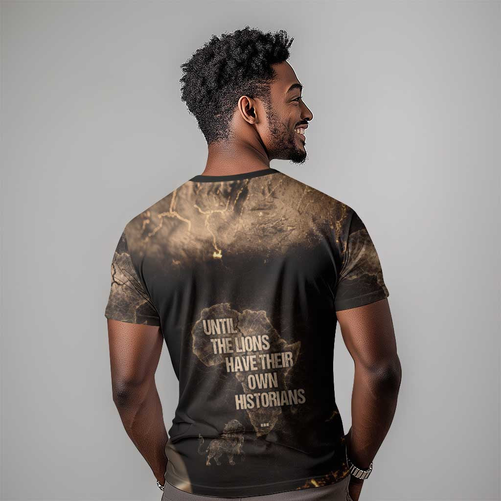 Chinua Achebe T shirt with Sepia Portrait, Lion Historians Quote and Vintage African Map - African Pride