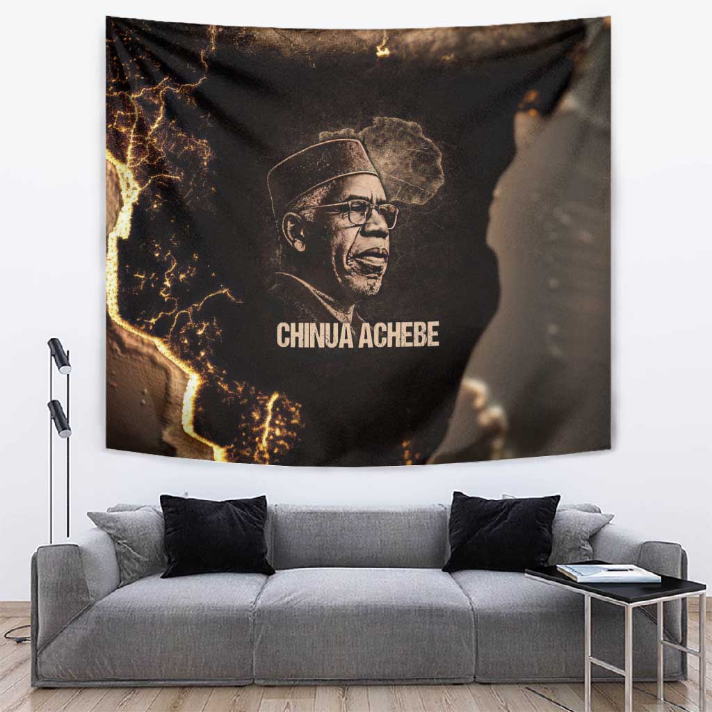 Chinua Achebe Tapestry with Sepia Portrait, Lion Historians Quote and Vintage African Map - African Pride