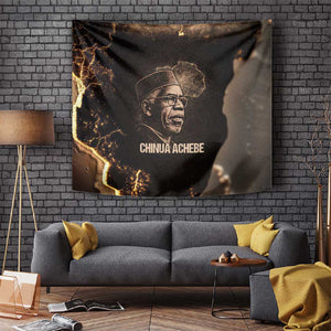 Chinua Achebe Tapestry with Sepia Portrait, Lion Historians Quote and Vintage African Map - African Pride