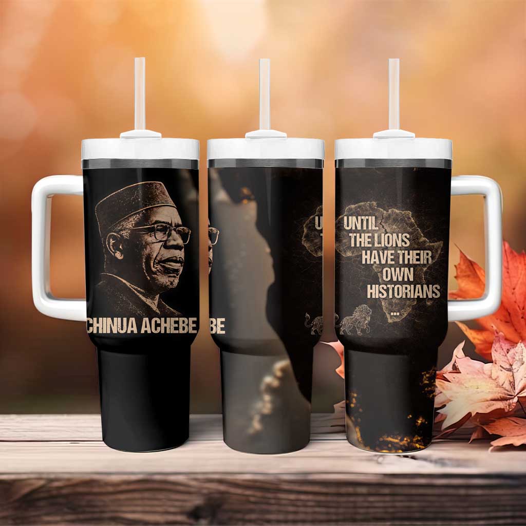 Chinua Achebe Tumbler With Handle with Sepia Portrait, Lion Historians Quote and Vintage African Map - African Pride