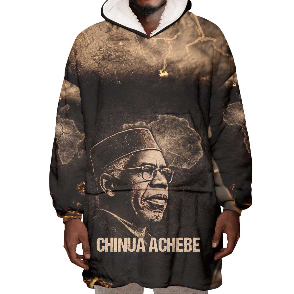Chinua Achebe Wearable Blanket Hoodie with Sepia Portrait, Lion Historians Quote and Vintage African Map - African Pride