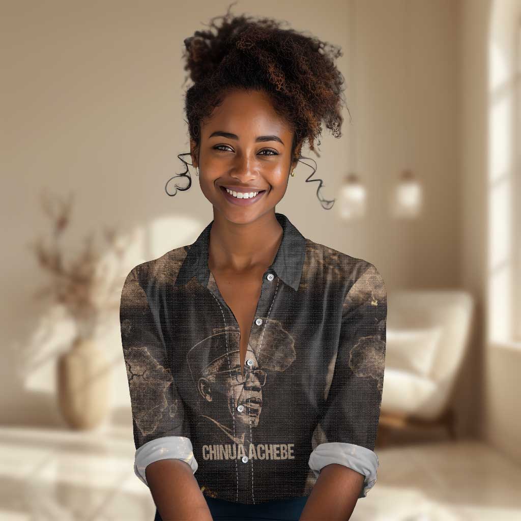 Chinua Achebe Women Casual Shirt with Sepia Portrait, Lion Historians Quote and Vintage African Map - African Pride