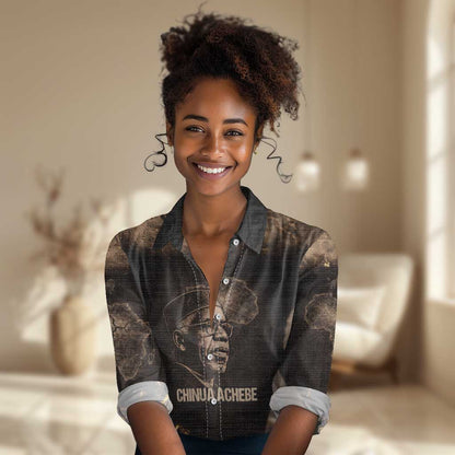 Chinua Achebe Women Casual Shirt with Sepia Portrait, Lion Historians Quote and Vintage African Map - African Pride