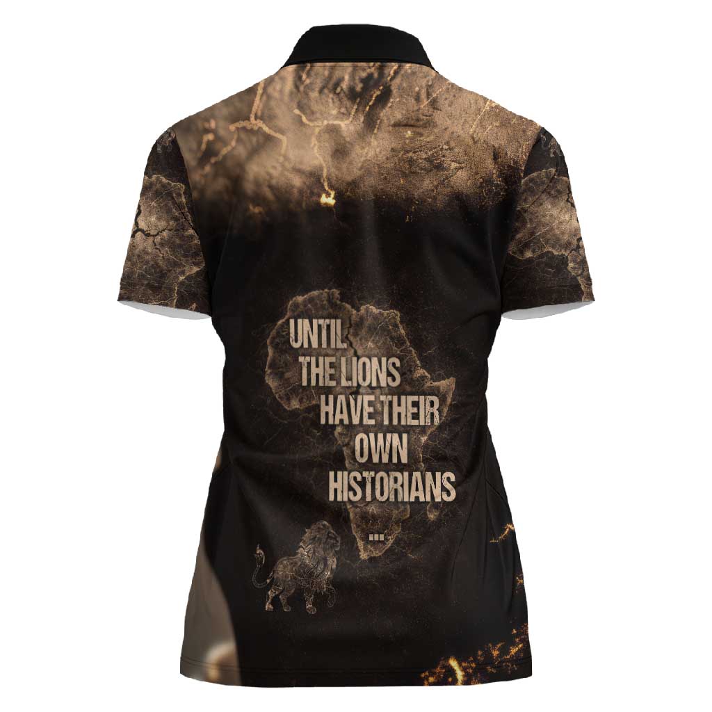 Chinua Achebe Women Polo Shirt with Sepia Portrait, Lion Historians Quote and Vintage African Map - African Pride