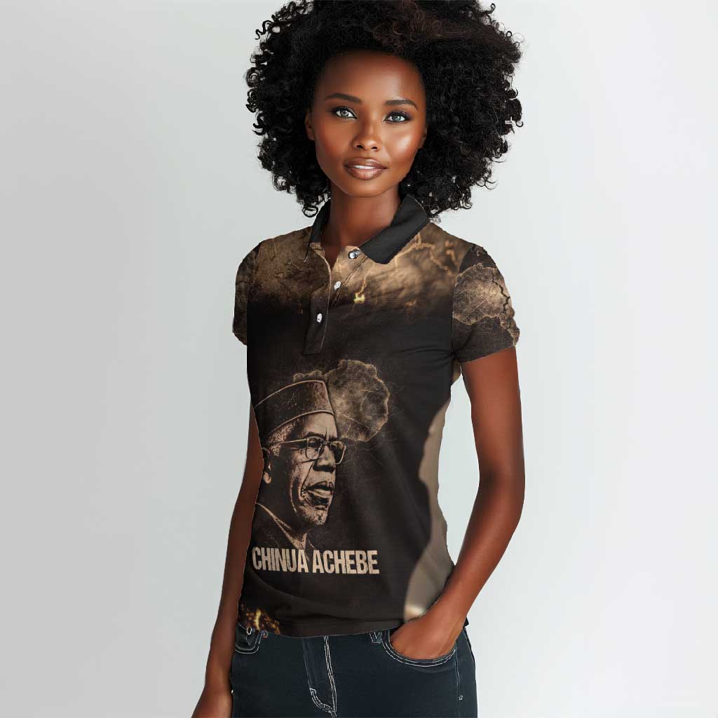Chinua Achebe Women Polo Shirt with Sepia Portrait, Lion Historians Quote and Vintage African Map - African Pride