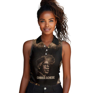Chinua Achebe Women Sleeveless Polo Shirt with Sepia Portrait, Lion Historians Quote and Vintage African Map - African Pride