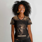 Chinua Achebe Women V-Neck T-Shirt with Sepia Portrait, Lion Historians Quote and Vintage African Map - African Pride