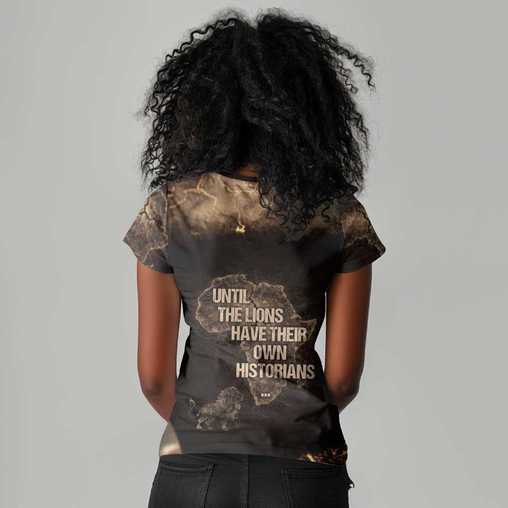 Chinua Achebe Women V-Neck T-Shirt with Sepia Portrait, Lion Historians Quote and Vintage African Map - African Pride