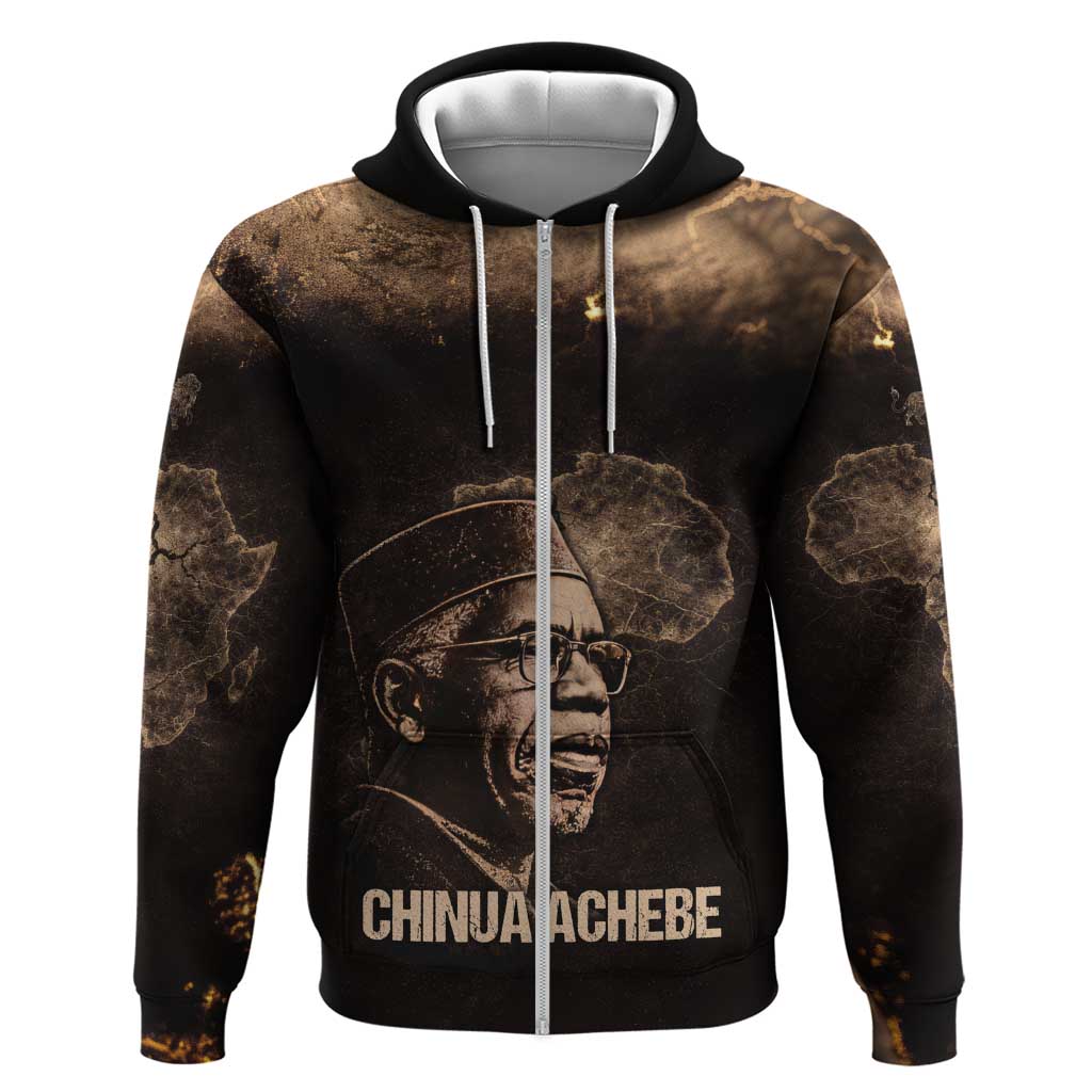 Chinua Achebe Zip Hoodie with Sepia Portrait, Lion Historians Quote and Vintage African Map - African Pride
