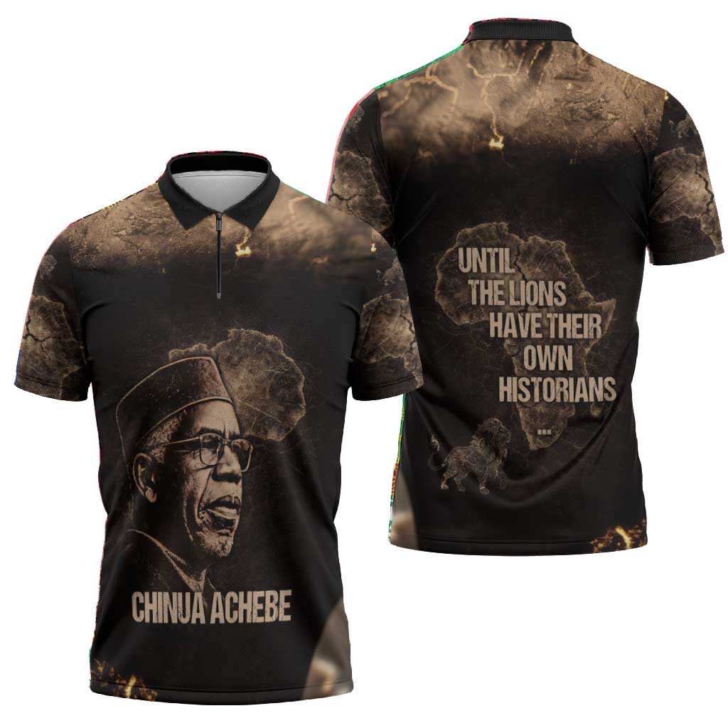 Chinua Achebe Zipper Polo Shirt with Sepia Portrait, Lion Historians Quote and Vintage African Map - African Pride