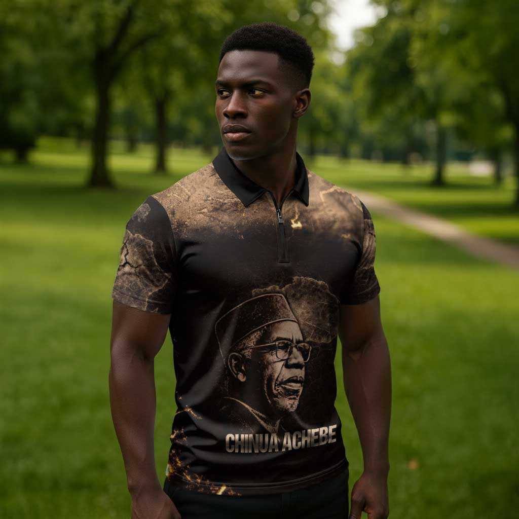 Chinua Achebe Zipper Polo Shirt with Sepia Portrait, Lion Historians Quote and Vintage African Map - African Pride