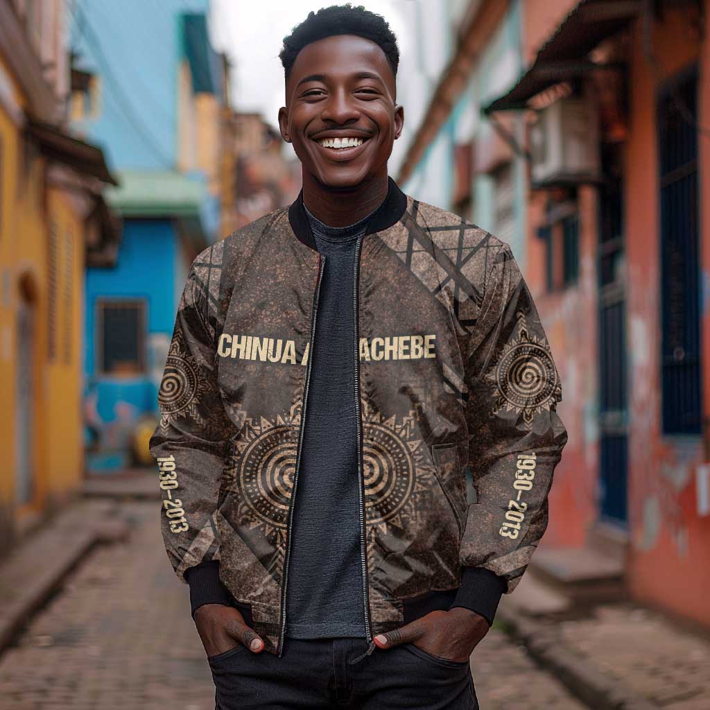 Chinua Achebe Bomber Jacket with Tribal Symbol Design, The Storyteller Quote and Africa Wrote Back - African Pride