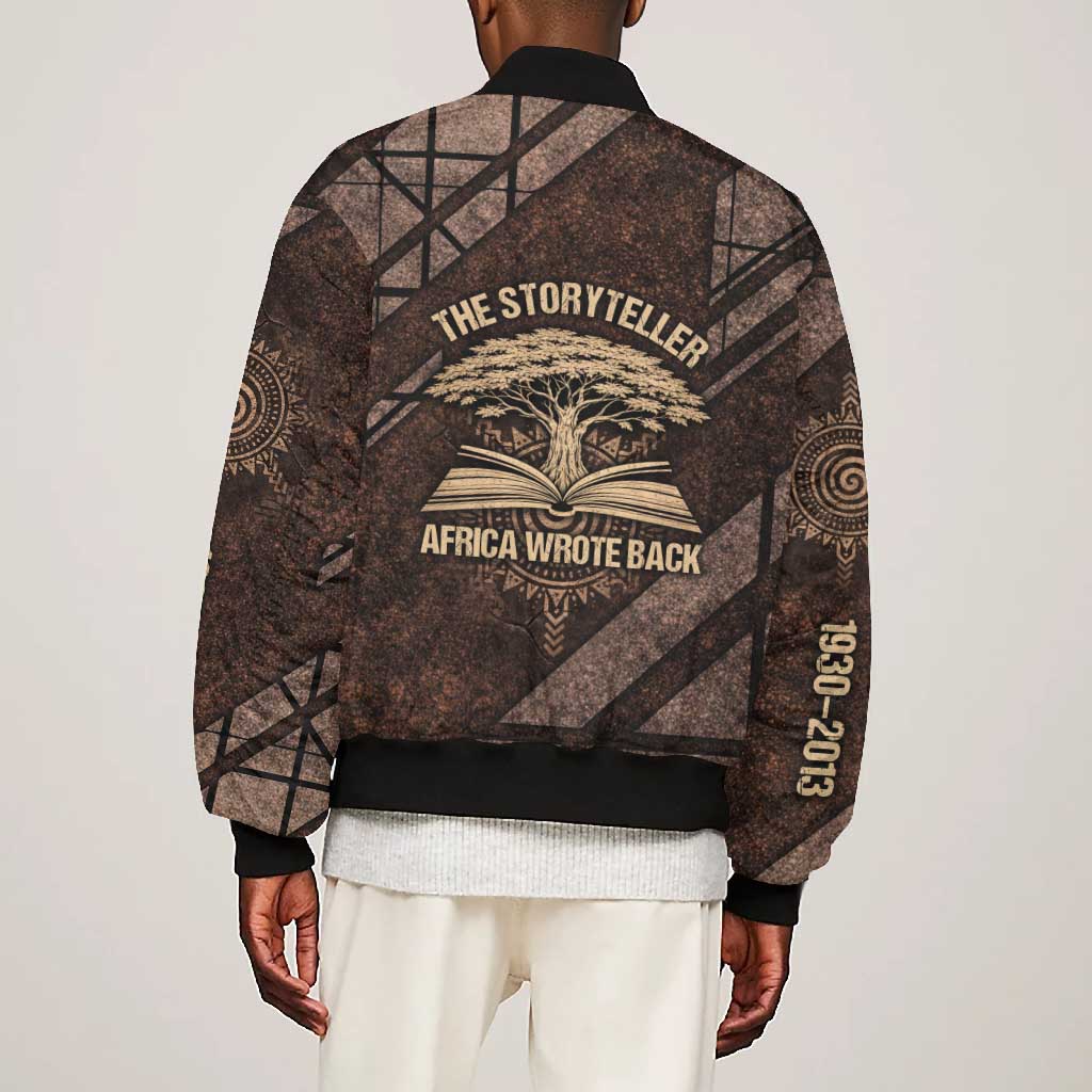 Chinua Achebe Bomber Jacket with Tribal Symbol Design, The Storyteller Quote and Africa Wrote Back - African Pride