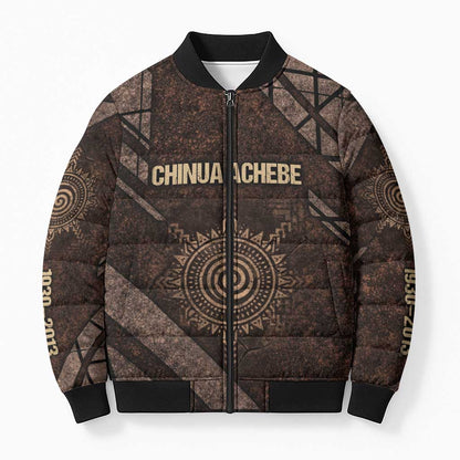 Chinua Achebe Bomber Puffer Jacket with Tribal Symbol Design, The Storyteller Quote and Africa Wrote Back - African Pride