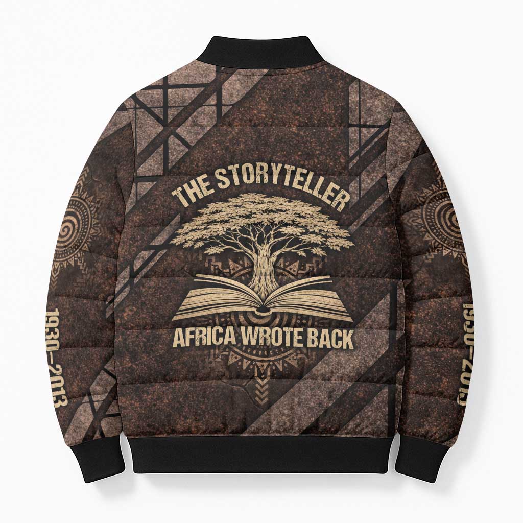 Chinua Achebe Bomber Puffer Jacket with Tribal Symbol Design, The Storyteller Quote and Africa Wrote Back - African Pride