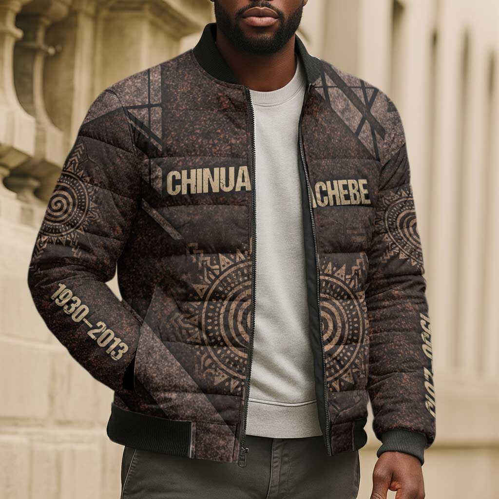 Chinua Achebe Bomber Puffer Jacket with Tribal Symbol Design, The Storyteller Quote and Africa Wrote Back - African Pride