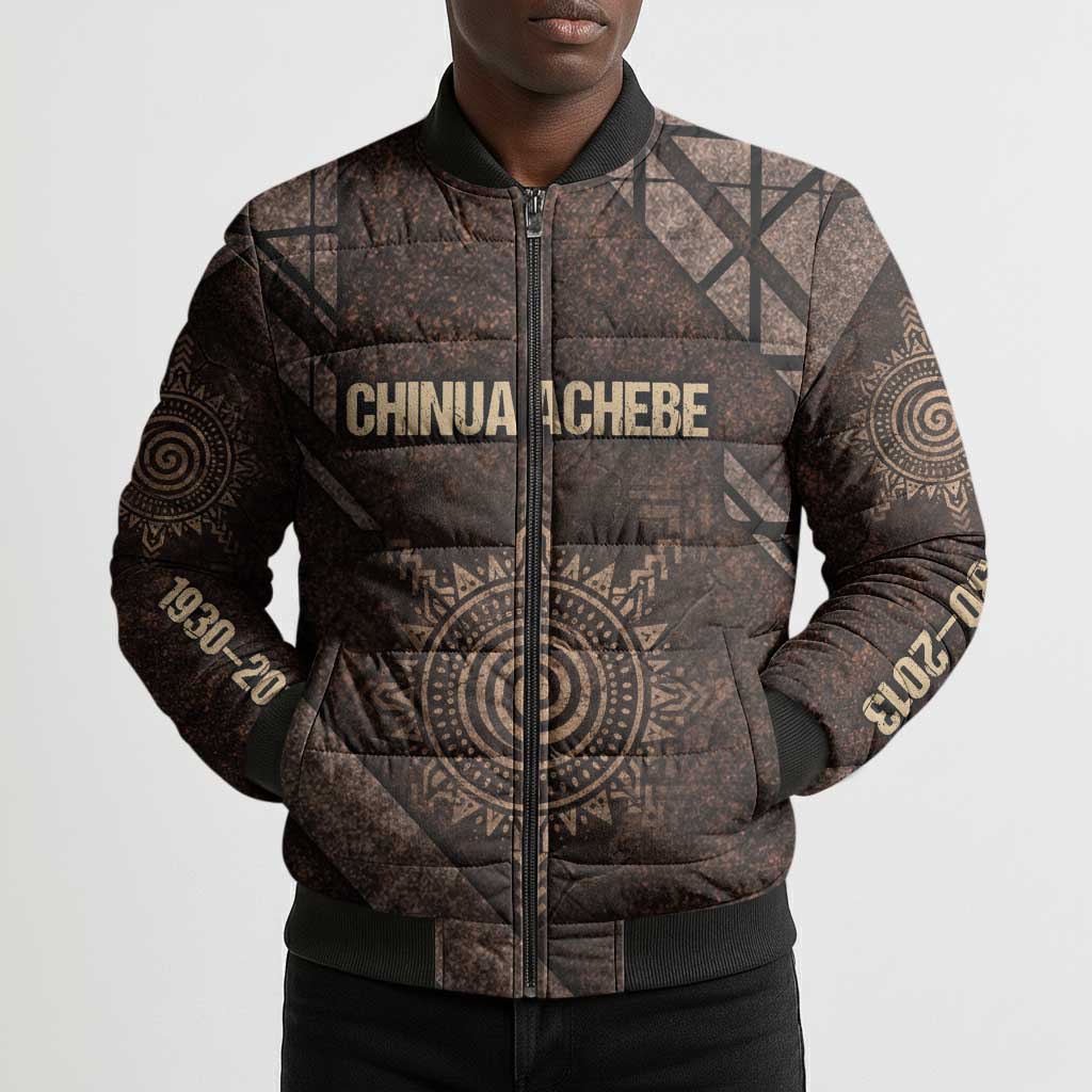 Chinua Achebe Bomber Puffer Jacket with Tribal Symbol Design, The Storyteller Quote and Africa Wrote Back - African Pride