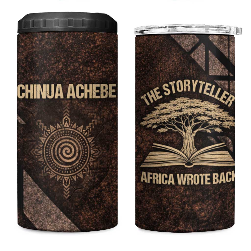 Chinua Achebe 4 in 1 Can Cooler Tumbler with Tribal Symbol Design, The Storyteller Quote and Africa Wrote Back - African Pride