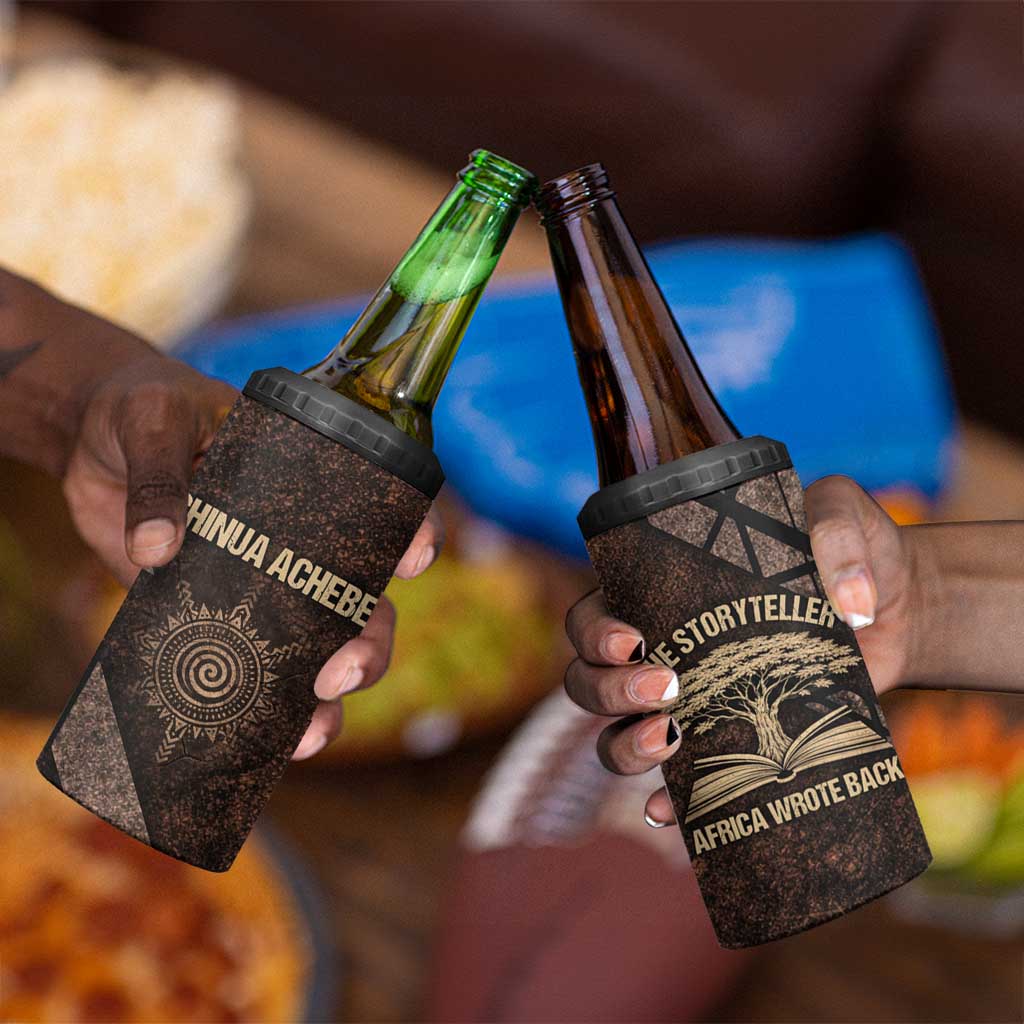 Chinua Achebe 4 in 1 Can Cooler Tumbler with Tribal Symbol Design, The Storyteller Quote and Africa Wrote Back - African Pride