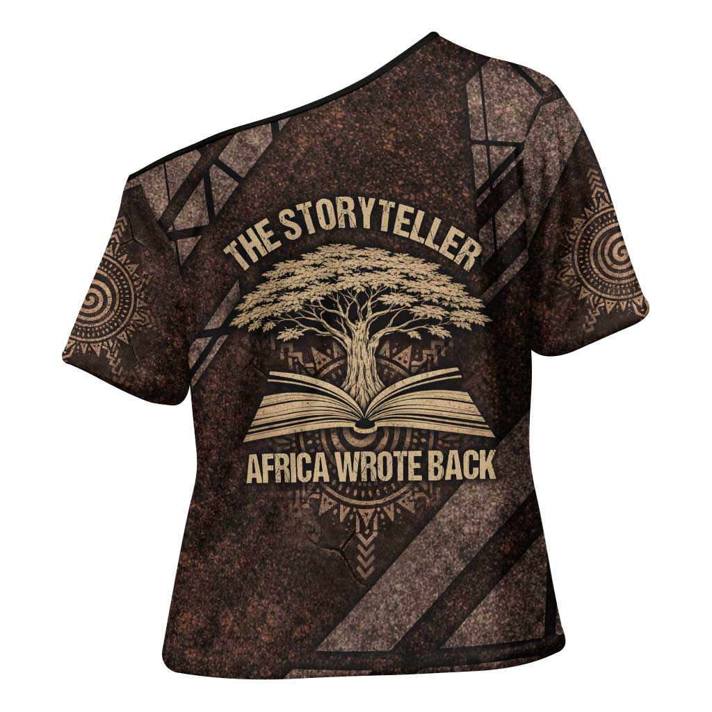 Chinua Achebe Cross Shoulder Shirt with Tribal Symbol Design, The Storyteller Quote and Africa Wrote Back - African Pride