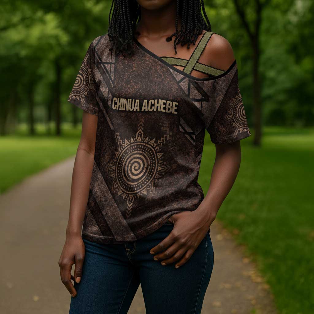Chinua Achebe Cross Shoulder Shirt with Tribal Symbol Design, The Storyteller Quote and Africa Wrote Back - African Pride