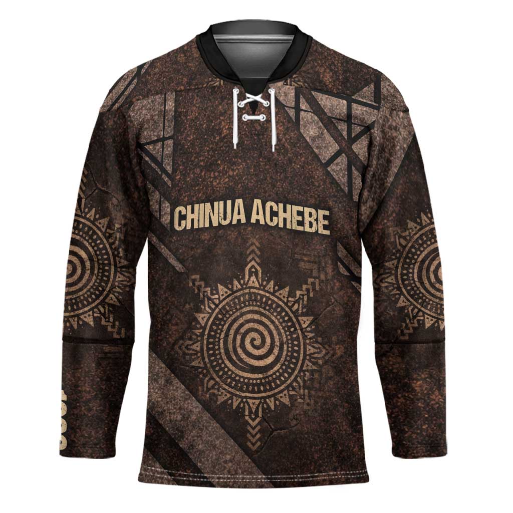 Chinua Achebe Hockey Jersey with Tribal Symbol Design, The Storyteller Quote and Africa Wrote Back - African Pride