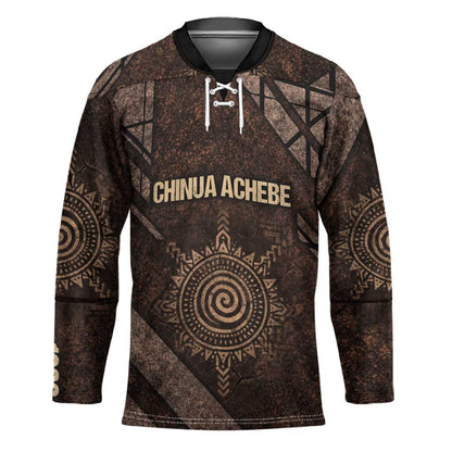 Chinua Achebe Hockey Jersey with Tribal Symbol Design, The Storyteller Quote and Africa Wrote Back - African Pride