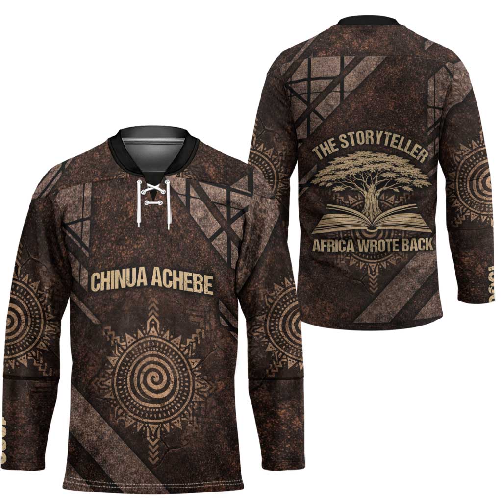 Chinua Achebe Hockey Jersey with Tribal Symbol Design, The Storyteller Quote and Africa Wrote Back - African Pride