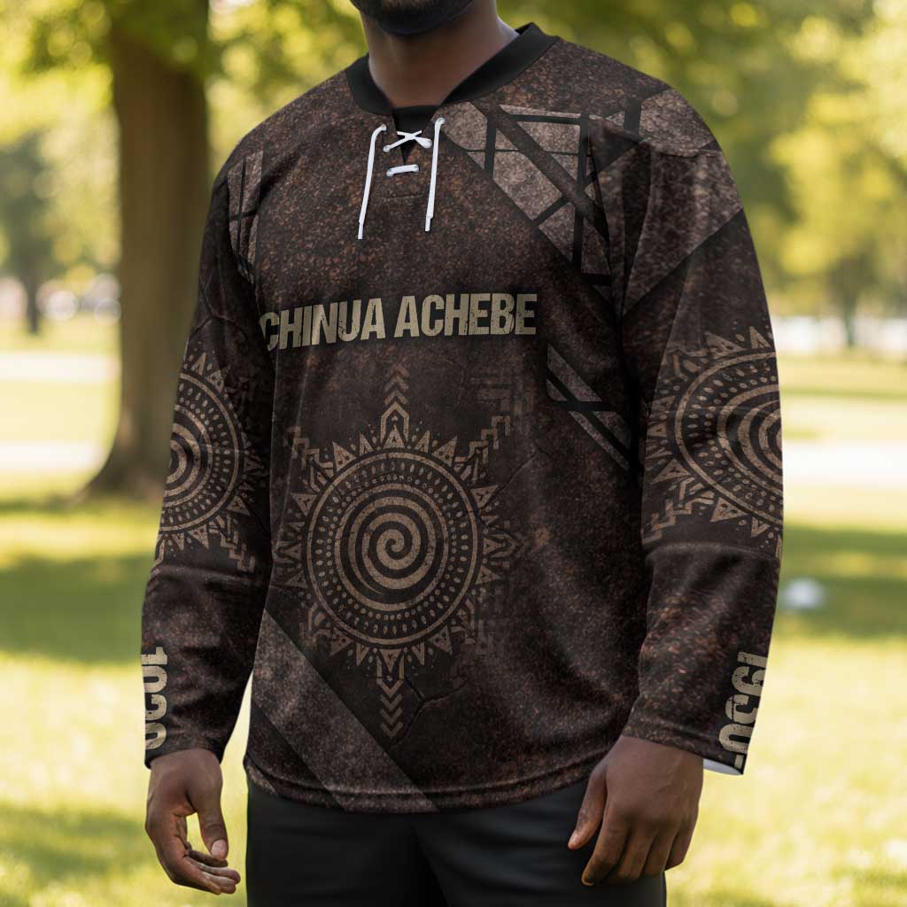 Chinua Achebe Hockey Jersey with Tribal Symbol Design, The Storyteller Quote and Africa Wrote Back - African Pride