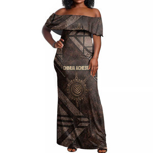 Chinua Achebe Off Shoulder Maxi Dress with Tribal Symbol Design, The Storyteller Quote and Africa Wrote Back - African Pride