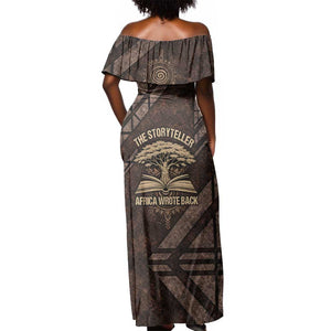 Chinua Achebe Off Shoulder Maxi Dress with Tribal Symbol Design, The Storyteller Quote and Africa Wrote Back - African Pride