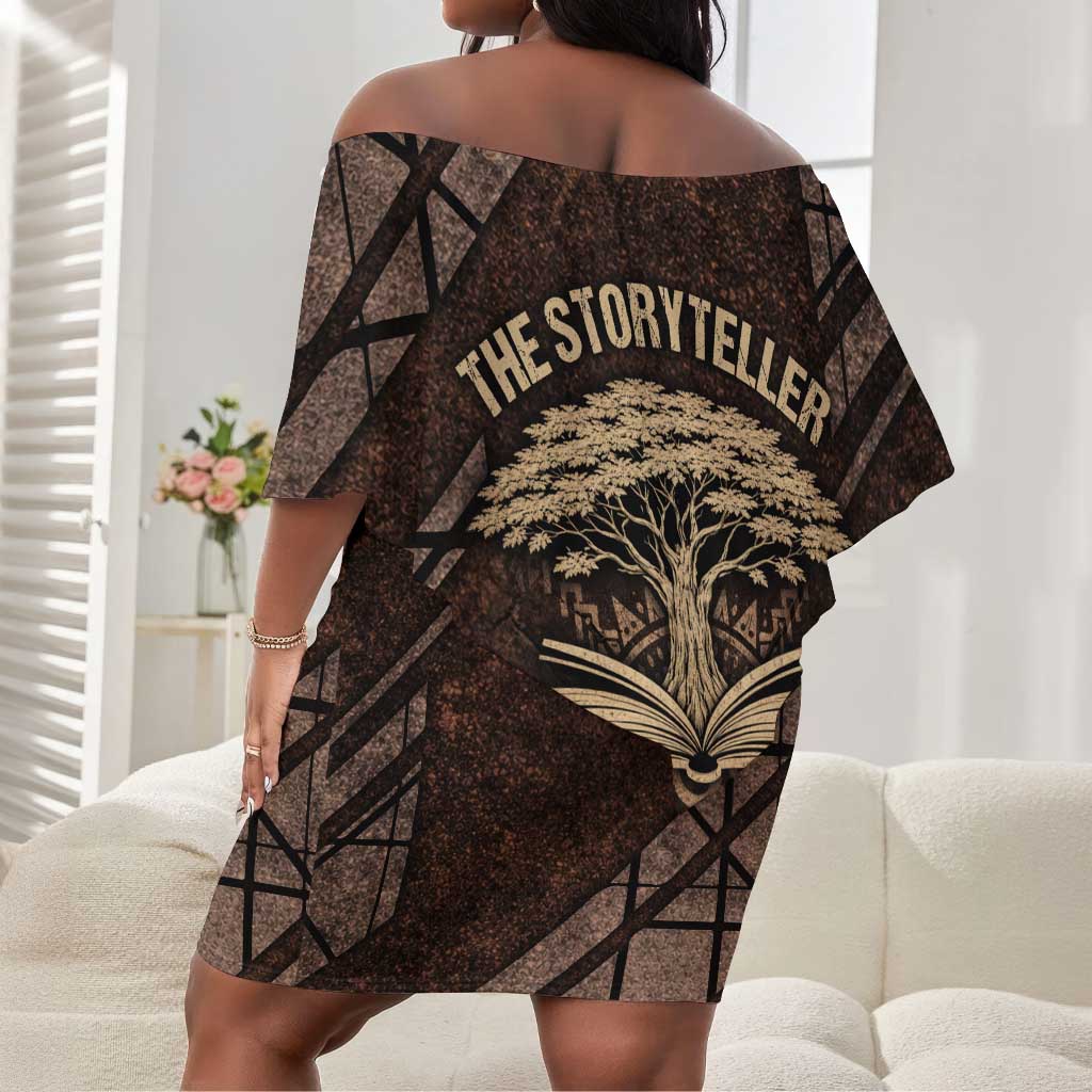 Chinua Achebe Off Shoulder Short Dress with Tribal Symbol Design, The Storyteller Quote and Africa Wrote Back - African Pride