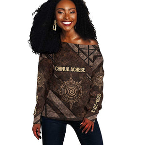 Chinua Achebe Off Shoulder Sweater with Tribal Symbol Design, The Storyteller Quote and Africa Wrote Back - African Pride