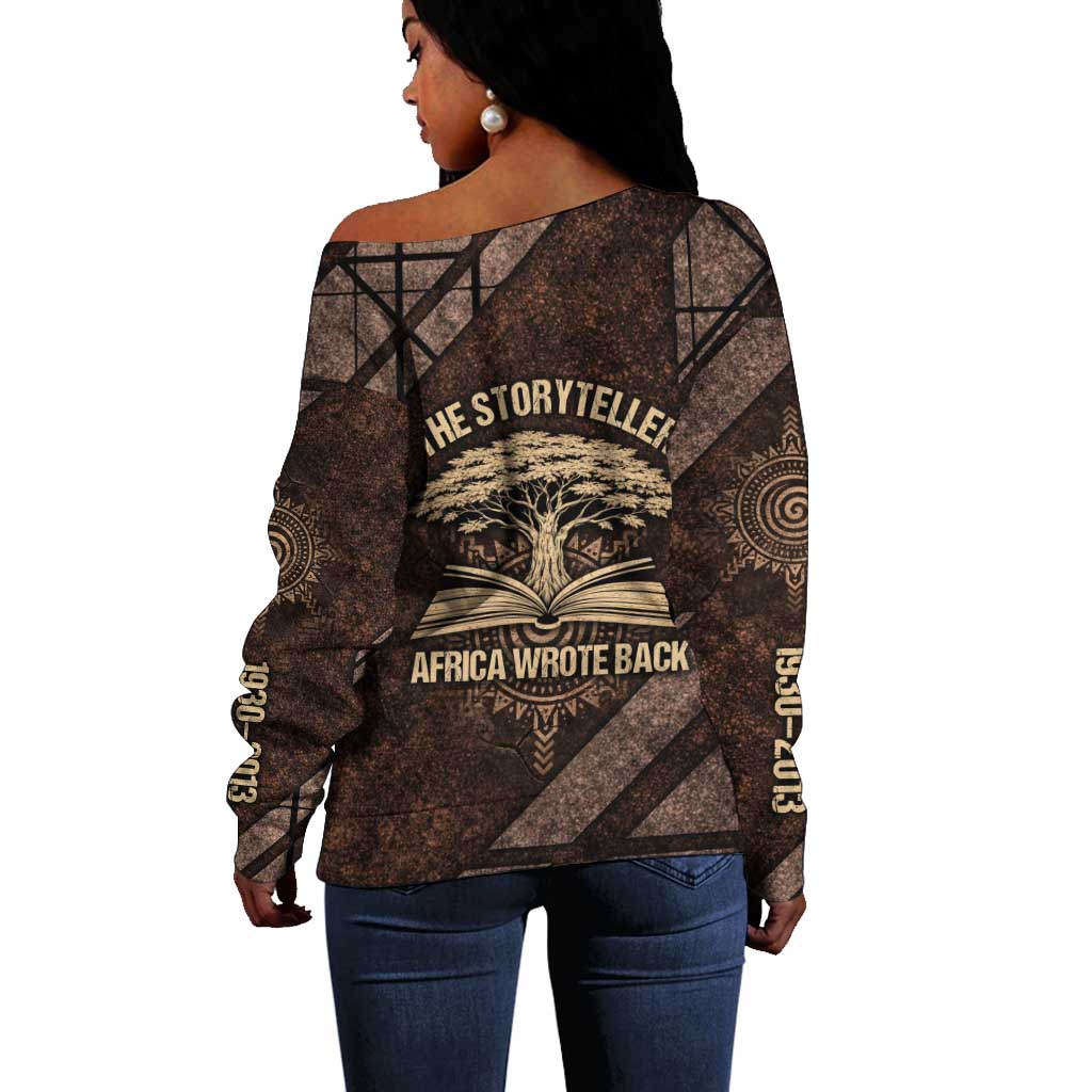Chinua Achebe Off Shoulder Sweater with Tribal Symbol Design, The Storyteller Quote and Africa Wrote Back - African Pride