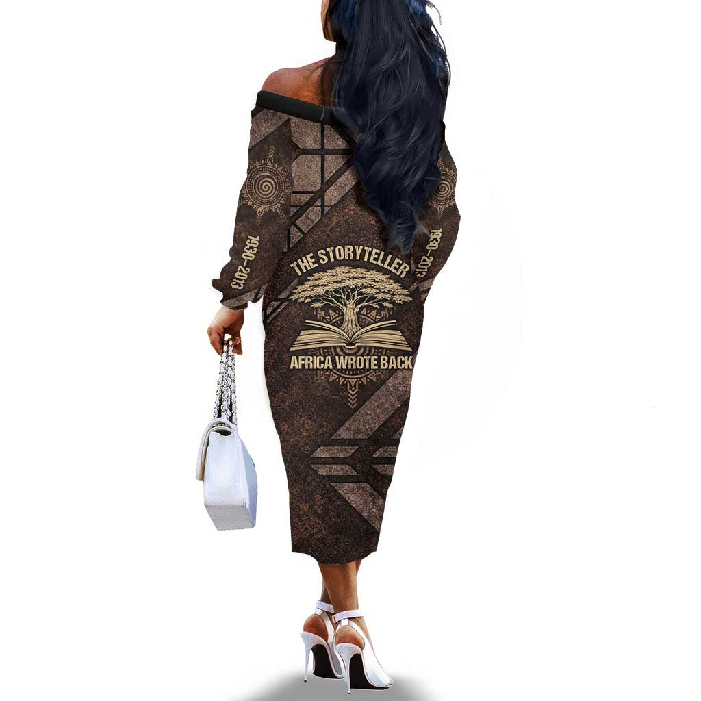 Chinua Achebe Off The Shoulder Long Sleeve Dress with Tribal Symbol Design, The Storyteller Quote and Africa Wrote Back - African Pride