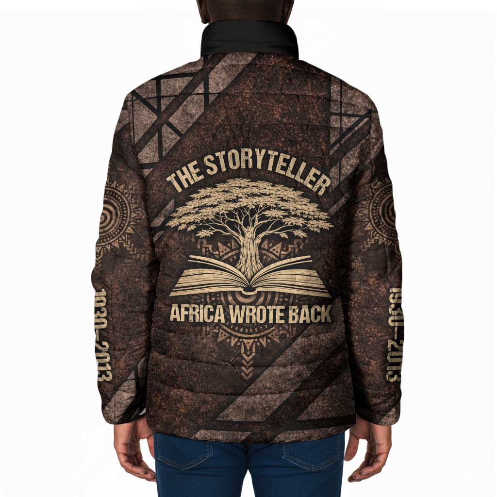 Chinua Achebe Padded Jacket with Tribal Symbol Design, The Storyteller Quote and Africa Wrote Back - African Pride